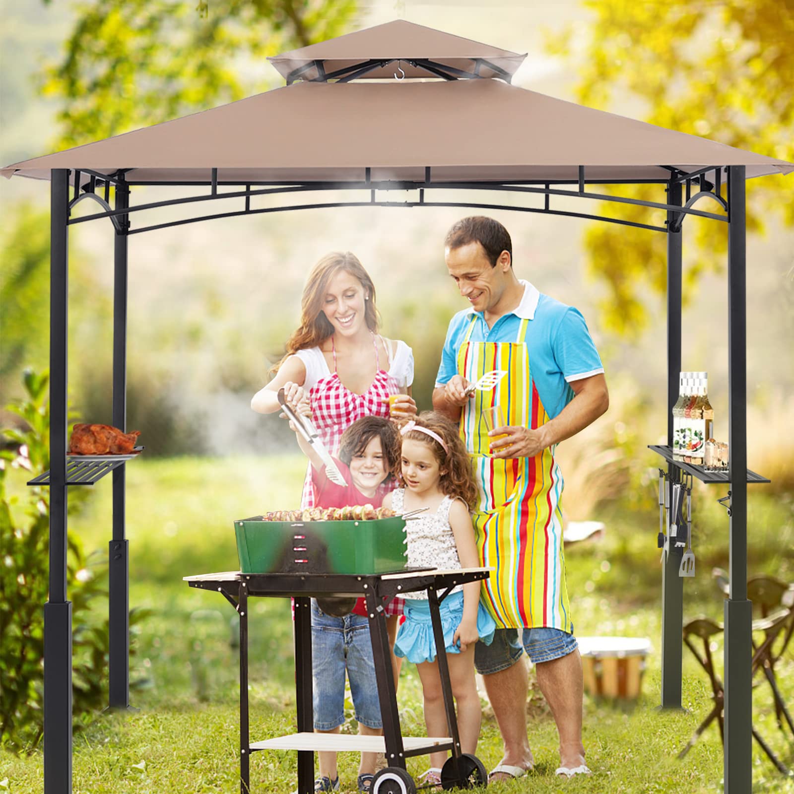 8x5 Grill Gazebo - Outdoor BBQ Canopy Shelter with Led Light for Patio Backyard Grilling (Khaki)
