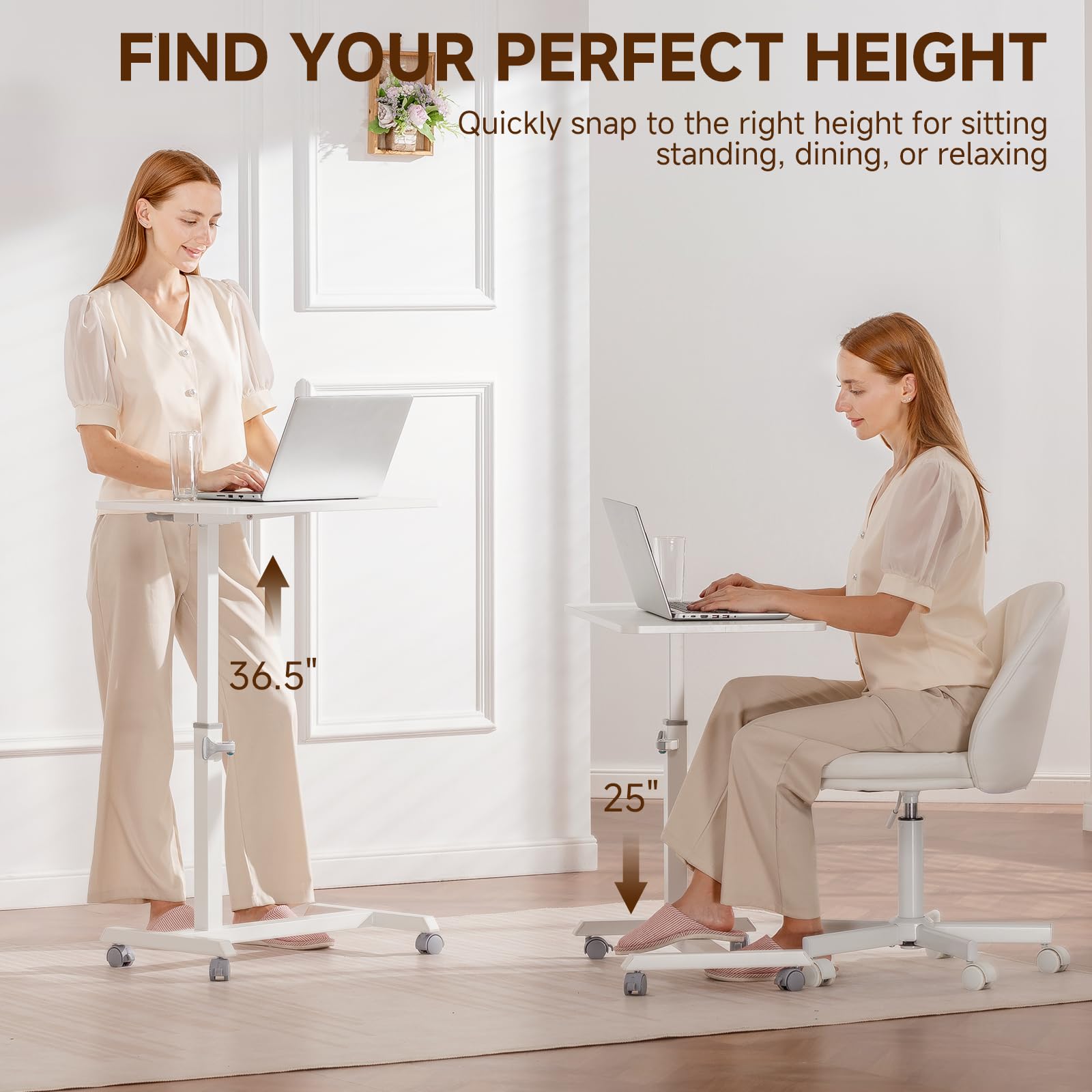 Small Standing Desk, 24 Inches Foldable Mobile Rolling Laptop PC Table with Lockable Casters, Adjustable Height Overbed Bedside Table Computer Workstation for Home Office, White-Foldable