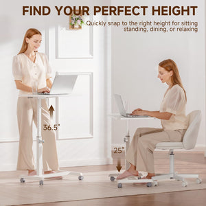 Small Standing Desk, 24 Inches Foldable Mobile Rolling Laptop PC Table with Lockable Casters, Adjustable Height Overbed Bedside Table Computer Workstation for Home Office, White-Foldable