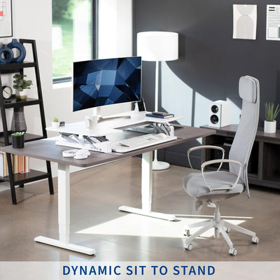 48 inch Height Adjustable Large Stand Up Desk Converter, V Series, Quick Sit to Stand Tabletop Dual Monitor Riser Workstation, White, DESK-V048VW