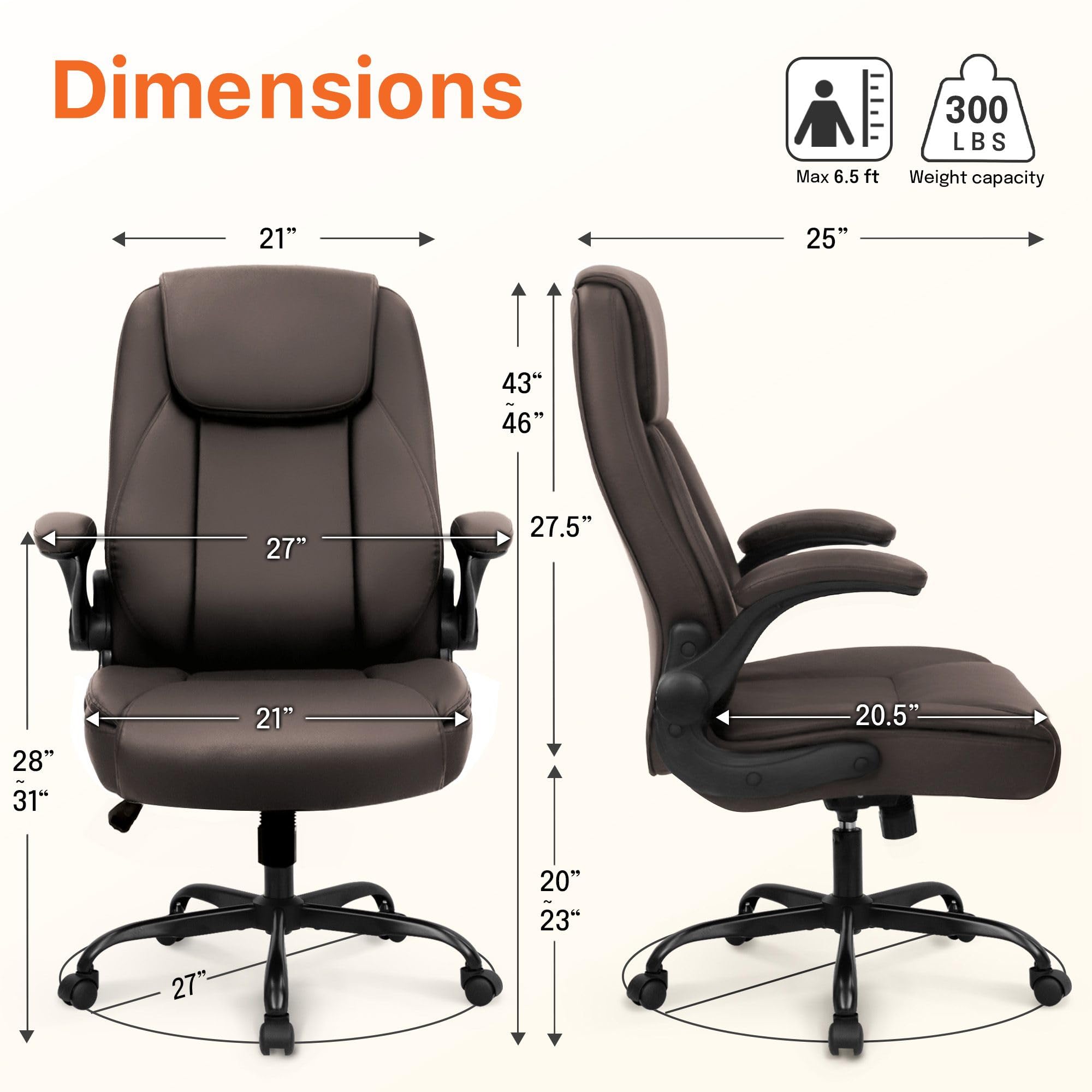 Office Desk Gaming Computer Home Chair Ergonomic Executive High Back Support Flip-up Arms Adjustable Height Swivel Rolling Wheels Comfy PU Leather (Brown)