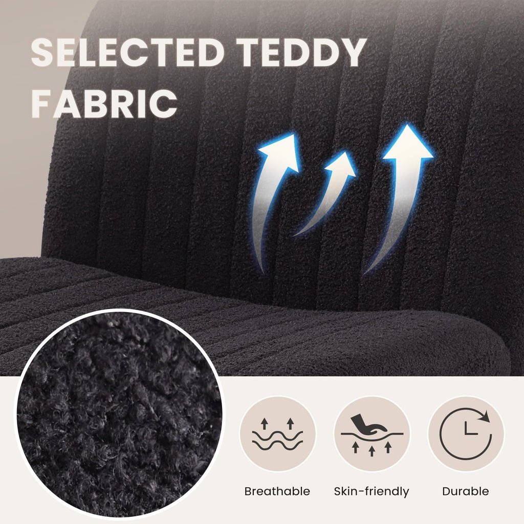 Criss Cross Chair Cross Legged Office Chair with Wheels Armless Wide Seat Desk Chairs Height Adjustable Computer Task Chairs Swivel Vanity Chair for Home Office Bedroom Make Up Teddy Fabric Black