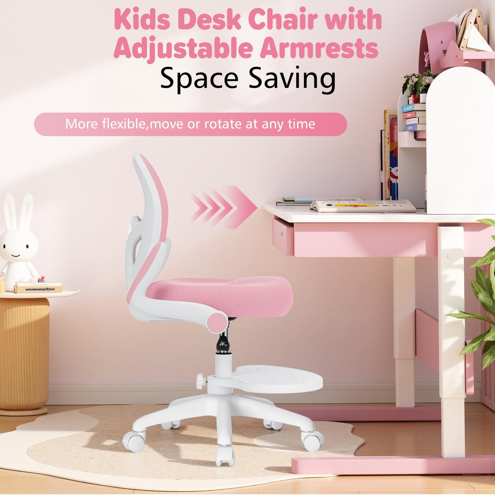 Kids Desk Chair Ergonomic Study Chair with Flipped Armrest and Footrest Adjustable Height Swivel Kids Computer Chair Mesh Desk Chair for Boys Girls Children at Home Bedroom Study Room Pink