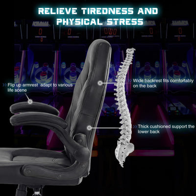 Computer Gaming Desk Chair - Big Tall Ergonomic Lumbar Support with Flip-up Armrest and 360° Swivel Wheels, PU Leather Height Adjustable, for Home and Office, Black