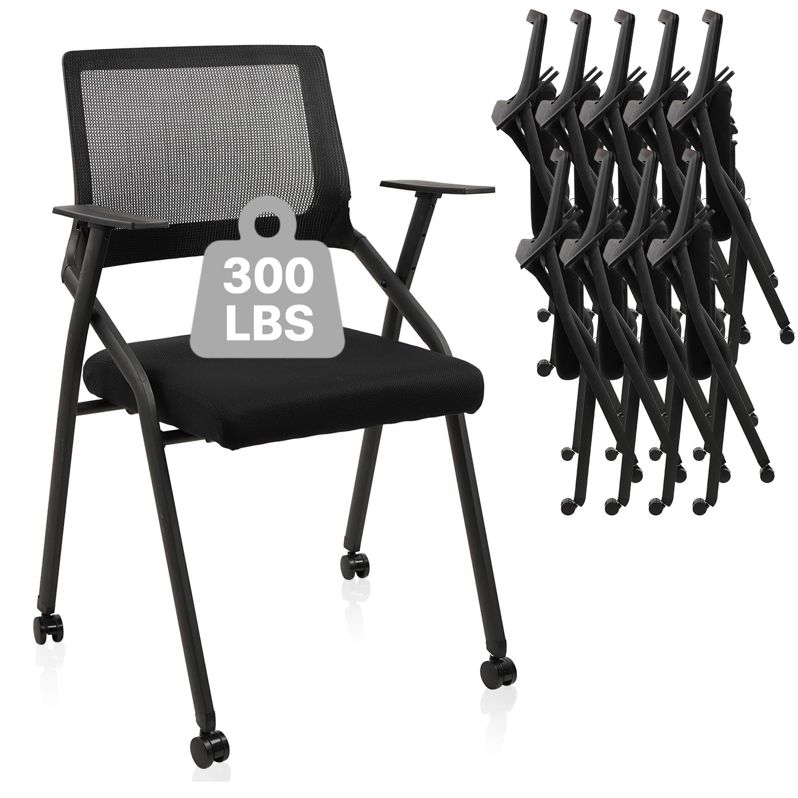 Stackable Foldable Chairs with Wheels, Portable Padded Office Desk Chair with Lumbar Support and Armrest for Conference School Lobby Break Waiting Training Room Guest Reception, Black 10 Pack