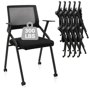 Stackable Foldable Chairs with Wheels, Portable Padded Office Desk Chair with Lumbar Support and Armrest for Conference School Lobby Break Waiting Training Room Guest Reception, Black 10 Pack