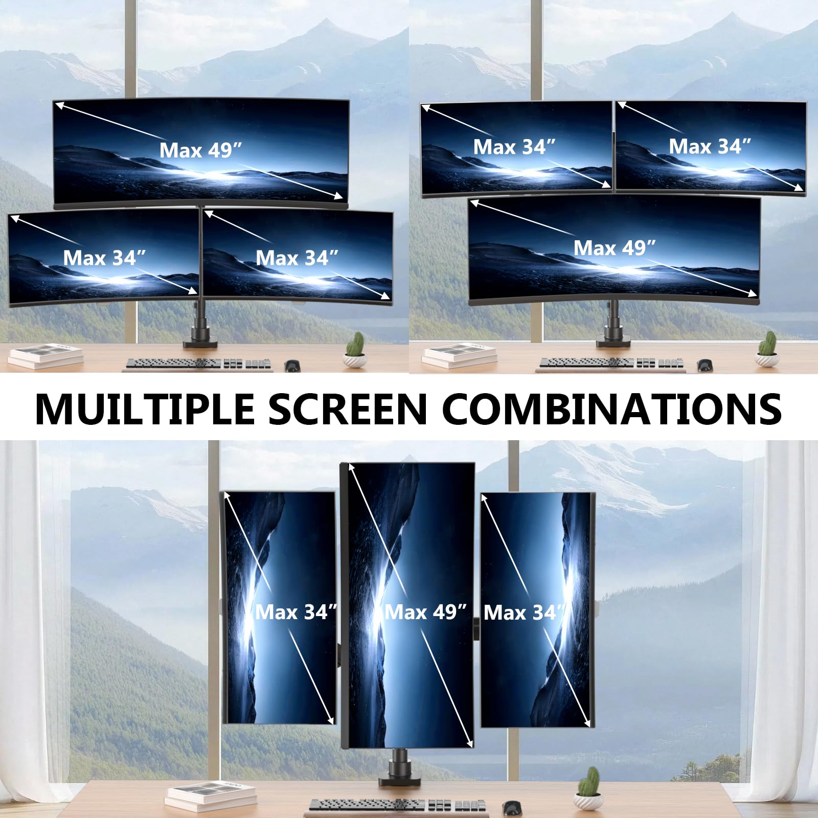 Triple Monitor Mount - Extra Tall 3 Monitor Desk Mount for 13-49 Inch Ultrawide Screens, Up to 44 lbs, Fully Adjustable Heavy Duty Monitor Arm, VESA 75/100 mm (GSDM003-P), Black