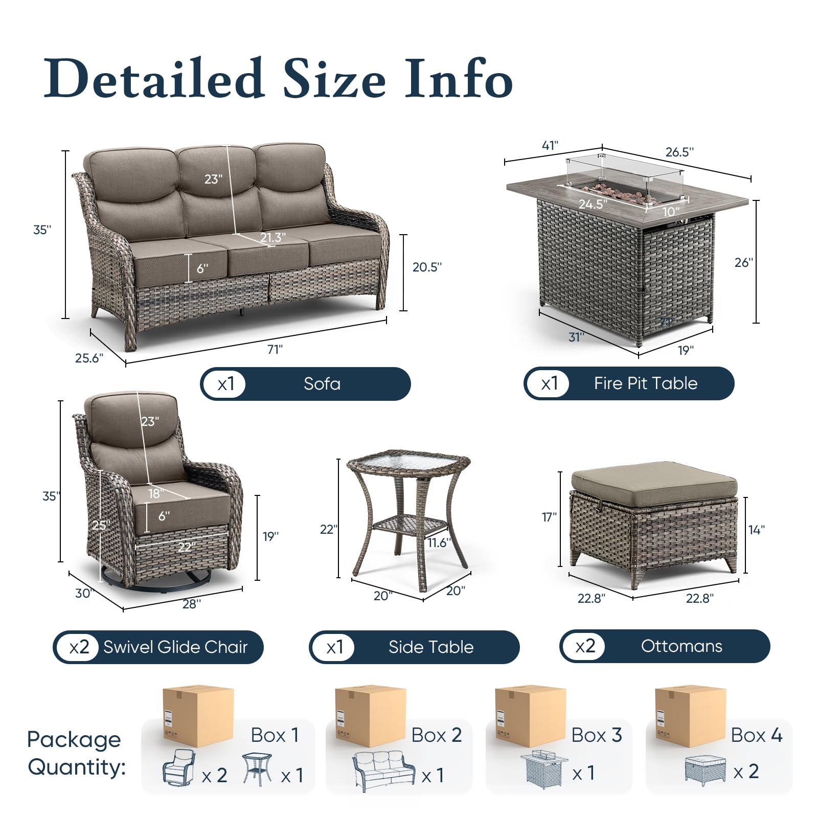 Luxury 6" Thick Cushioned 7 Pieces Patio Furniture Set with Fire Pit Table, Wicker Outdoor Conversation Set with High Back Swivel Rocker Chairs for Deck Porch Yard and Poolside - Grey+Grey