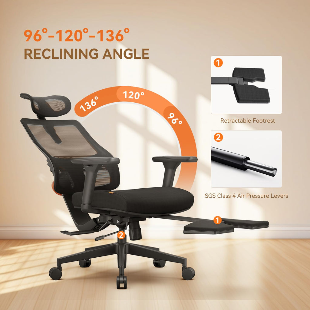 Office Chair Ergonomic with Footrest, Auto-Following Lumbar Support, High Back Desk Chair with 4D Armrest,136° Tilt Lock, Adjustable Seat Depth & Height (Upgrade with Laptop Tray, Black)