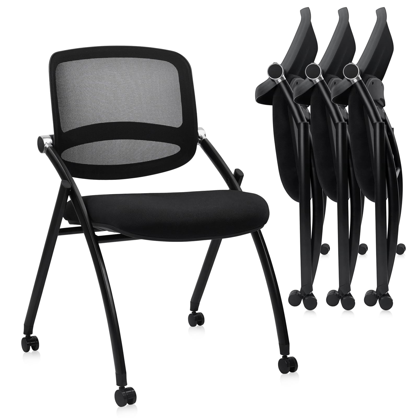 4PACK, Stackable & Foldable Chairs with Wheels, Reception Guest Chairs with Lumbar Support, Ergonomic Curved Mesh Back Folding Chair for Office Schools Conference Waiting Room, Black