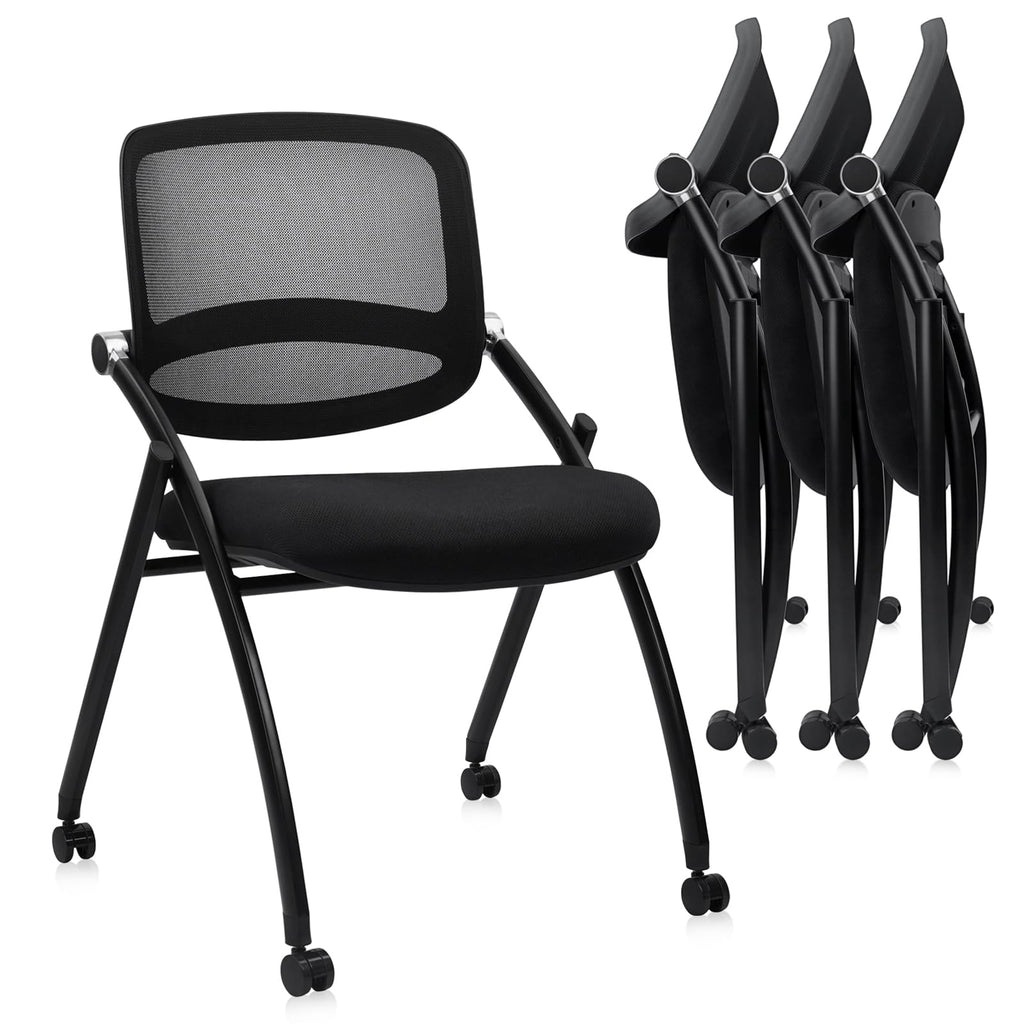 4PACK, Stackable & Foldable Chairs with Wheels, Reception Guest Chairs with Lumbar Support, Ergonomic Curved Mesh Back Folding Chair for Office Schools Conference Waiting Room, Black