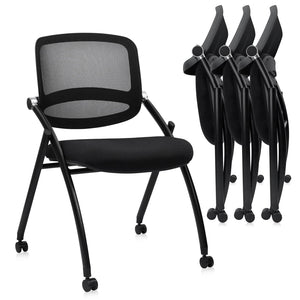 4PACK, Stackable & Foldable Chairs with Wheels, Reception Guest Chairs with Lumbar Support, Ergonomic Curved Mesh Back Folding Chair for Office Schools Conference Waiting Room, Black