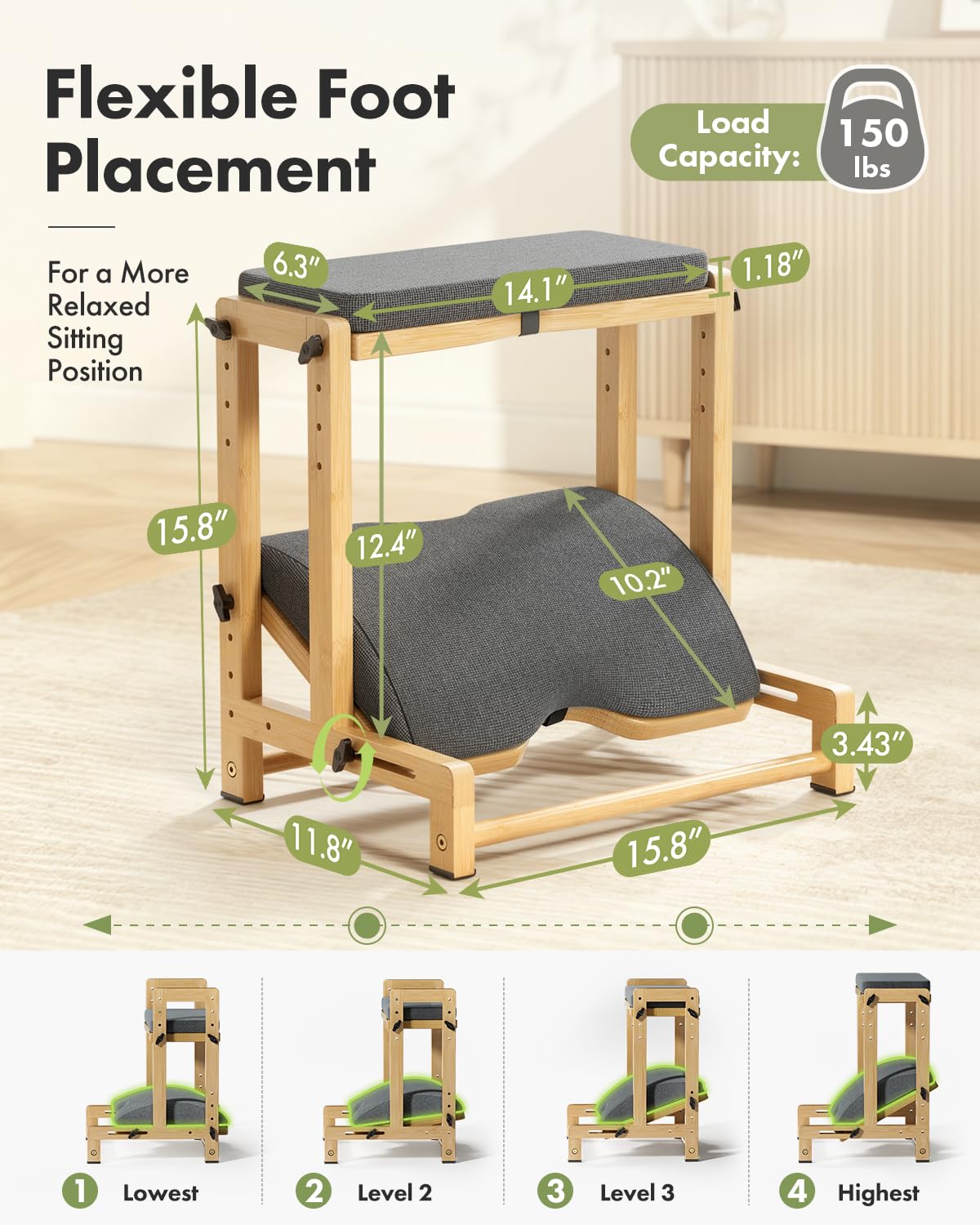 Double Step Foot Rest for Under Desk, 4 Adjustable Heights Bamboo Under Desk footrest with Soft Cushion, Dual-Layer Desk Foot Stool for Office Home Gaming, Natural Wood Foot Rests for Work