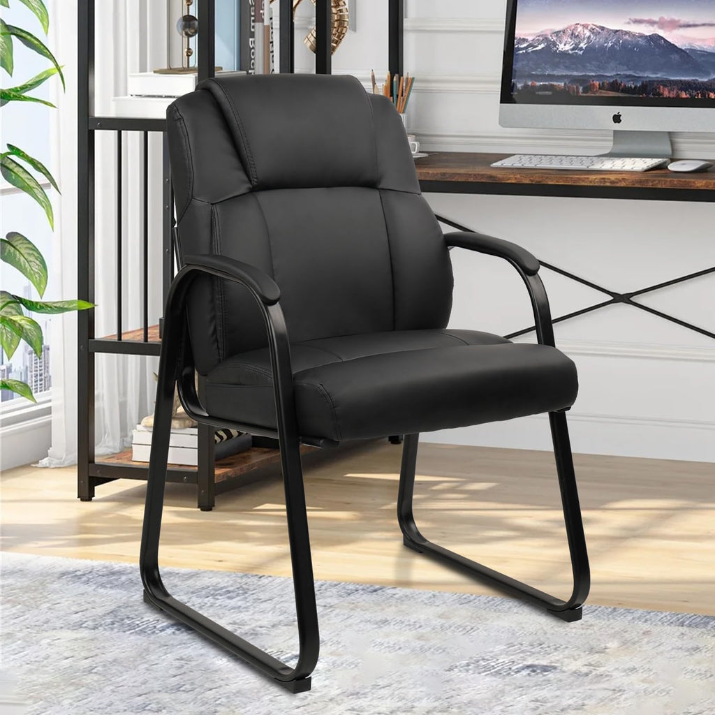 Leather Guest Chair with Padded Arm Rest for Reception Meeting Conference and Waiting Room Side Office Home Black with Sled Base 1 Pack