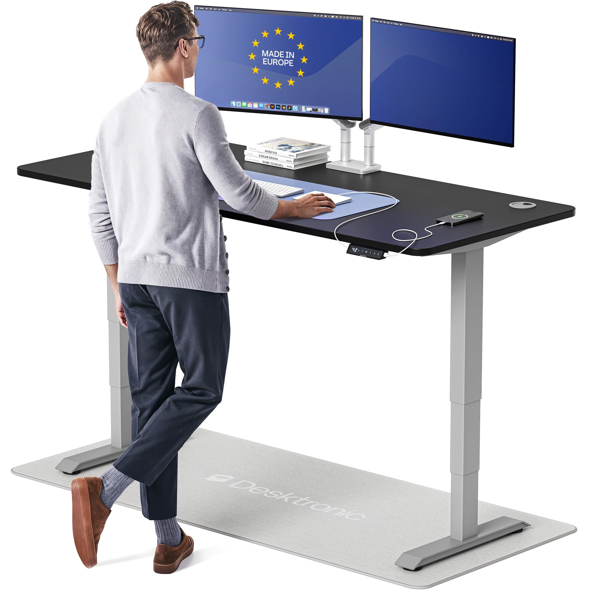 HomePro Standing Desk 70x30 — Made in Europe, Ergonomic Sit Stand Home Office Desk, Electric Height Adjustable, Dual Motor, USB & USB-C Charging, Wobble-Free, Touchscreen, 3 Memory Presets