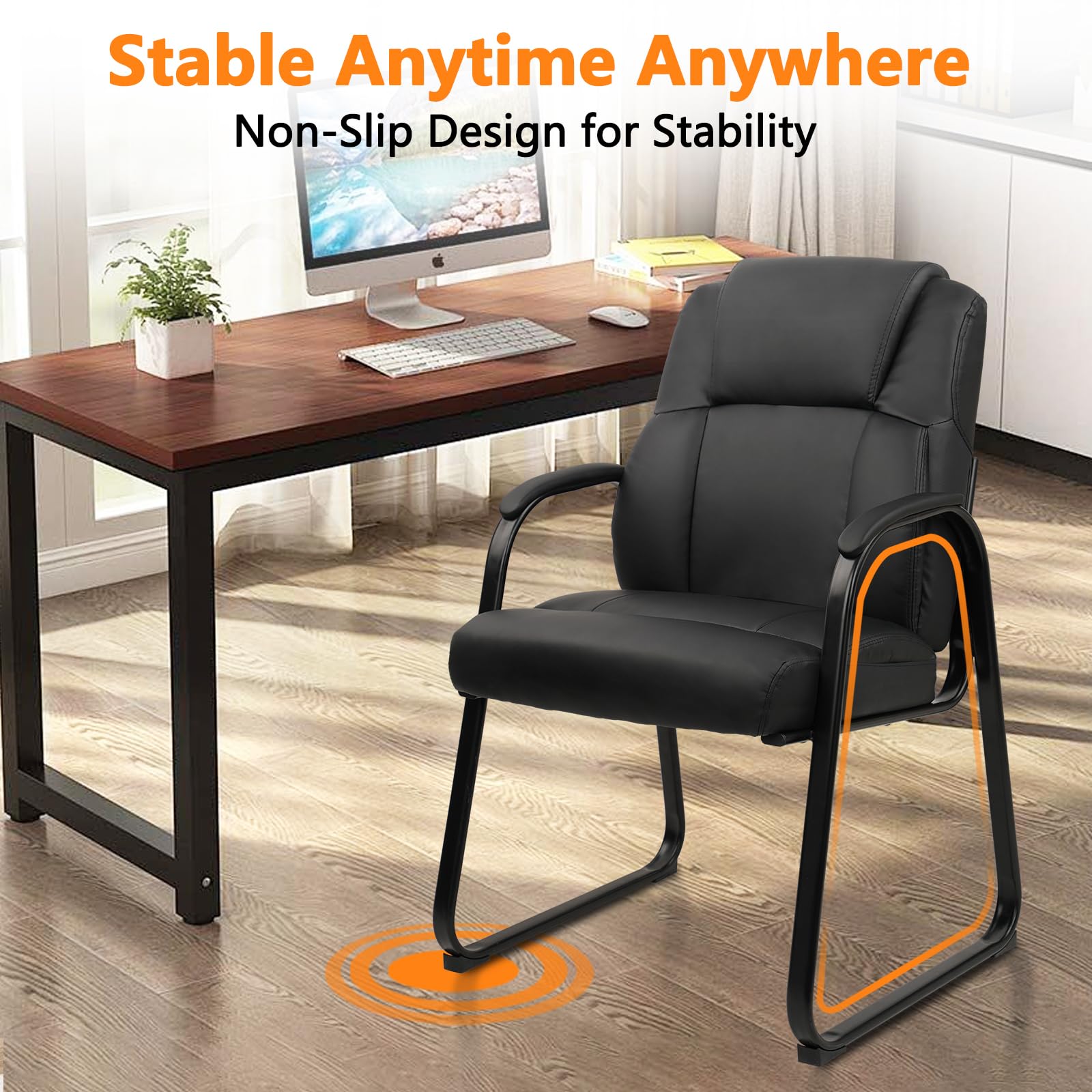 Classic Leather Soft Reception Chair with Padded Armrests and Sled Base, Executive Guest Chair for Office Computer Desk Conference Waiting Meeting Room, Black (2 Pack)