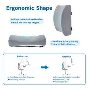 Lumbar Pillow, Memory Foam Office Chair Back Support Pillows Back Pain Relief Improve Posture, Lumbar Support Pillow for Car、Gaming Chair、 Home Chair, Double Adjustable Straps(Grey)