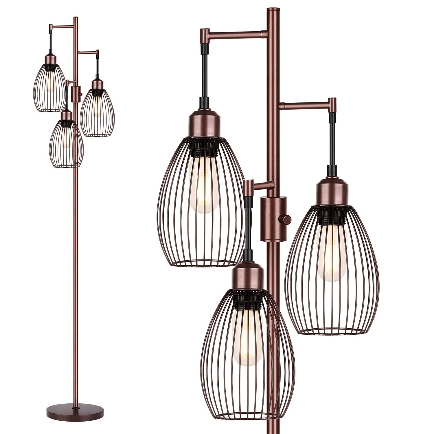 Dimmable Floor Lamp, 3 x 800LM LED Edison Bulbs Included, Farmhouse Industrial Floor Lamp Standing Lamp with Elegant Teardrop Cage Head Tall Lamp for Living Room Bedroom Office Dining Room - Brown