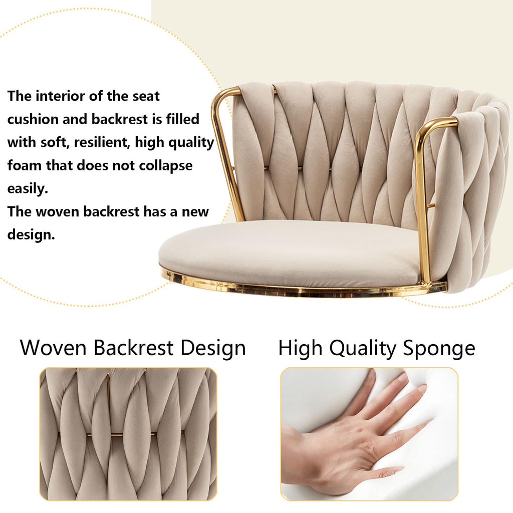 Gold Velvet Bar Stools Set of 4, Swivel Counter Height Bar Stools with Back, Adjustable Woven Barstools for Kitchen Island, Pub, Club (Beige)