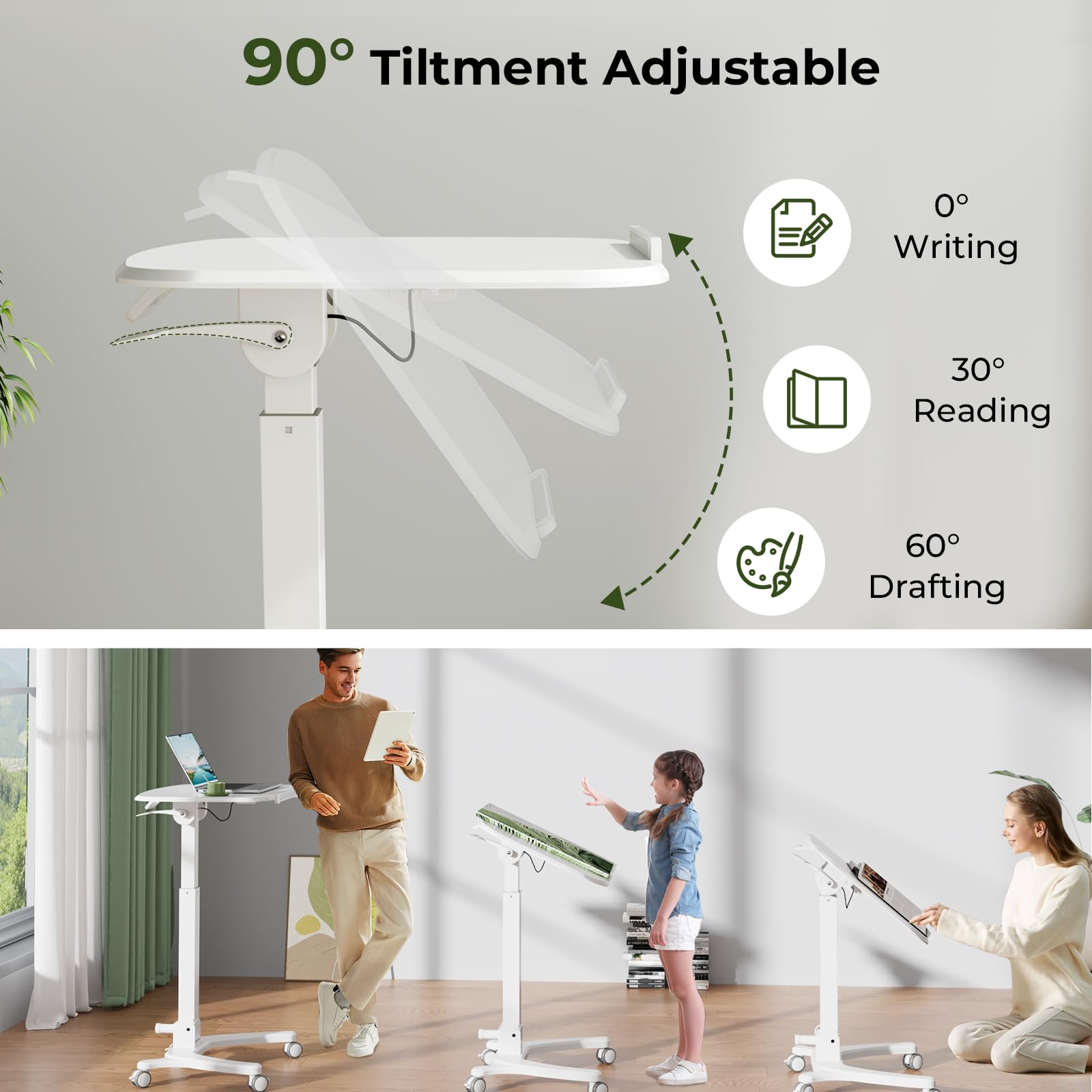 Foldable Mobile Standing Desk, 27"×21" Portable Rolling Laptop Cart with 90° Tiltable Board, Height Adjustable Workstation with Wheels, Folding Table for Home Office, White