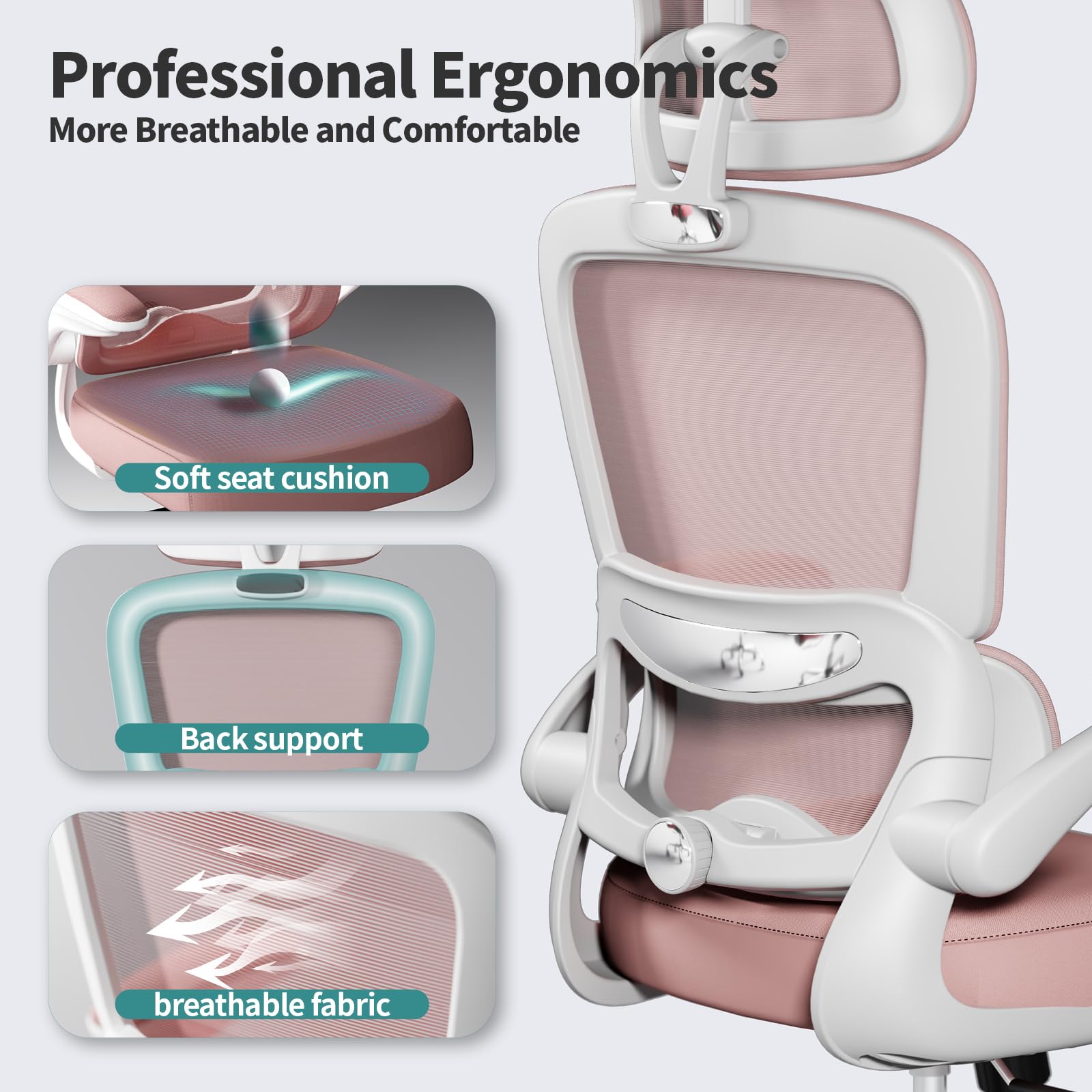 Office Chair Ergonomic Desk Chair, 330 LBS Home Mesh Office Desk Chairs with Wheels, Comfortable Gaming Chairs (Pink)