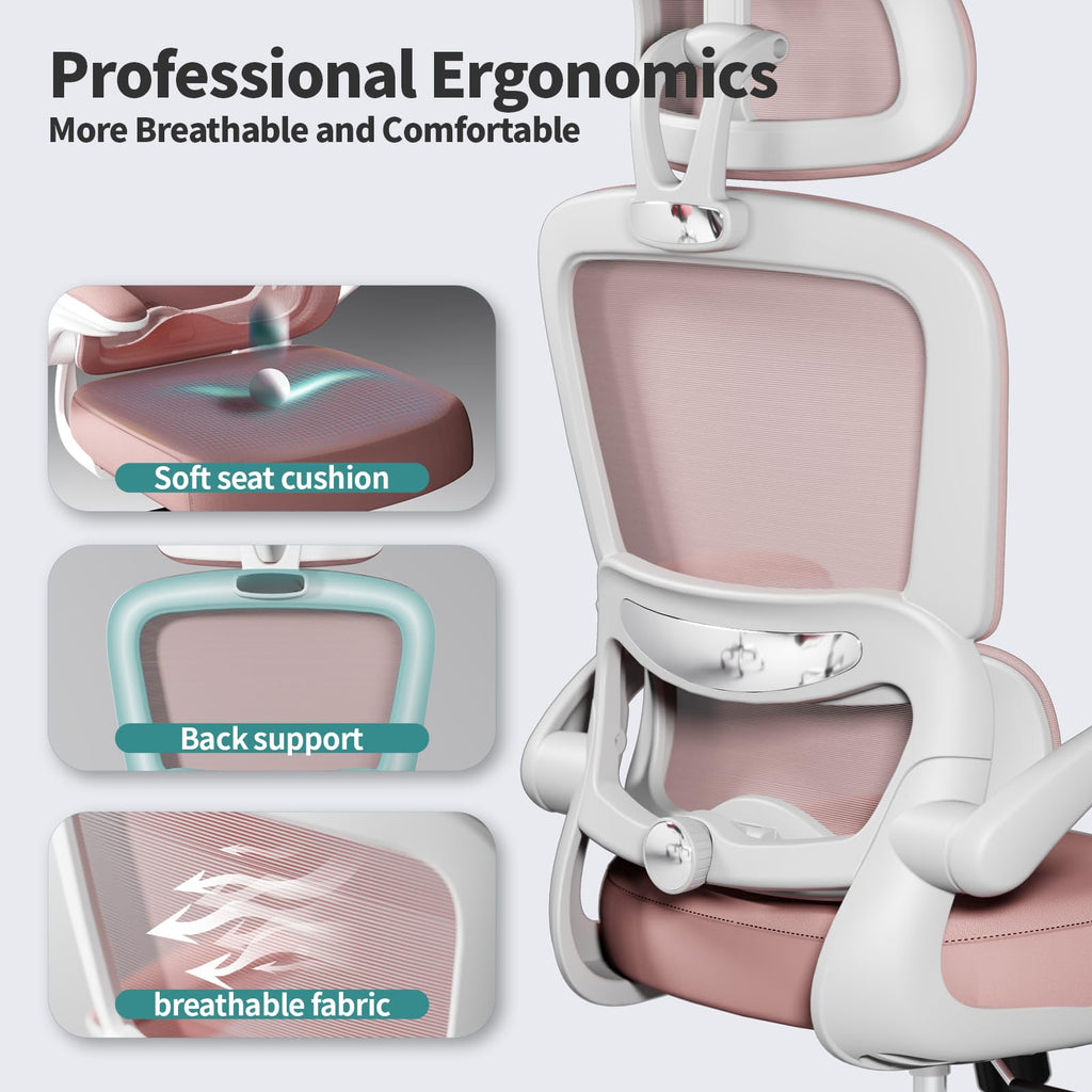 Office Chair Ergonomic Desk Chair, 330 LBS Home Mesh Office Desk Chairs with Wheels, Comfortable Gaming Chairs (Pink)