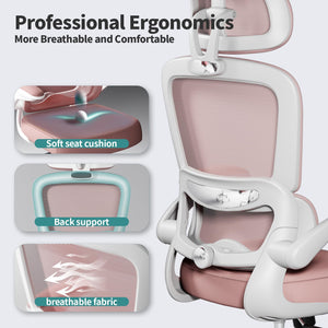 Office Chair Ergonomic Desk Chair, 330 LBS Home Mesh Office Desk Chairs with Wheels, Comfortable Gaming Chairs (Pink)
