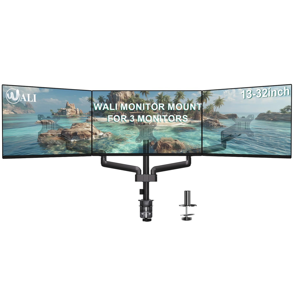 Triple Monitor Mount for 13-32 inch Screens, Adjustable 3 Monitors Desk Mount with Swivel, Tilt, Clamp & Grommet Kit, Triple Monitor Stand for Desk, VESA 75x75/100x100mm (GSDM003), Black