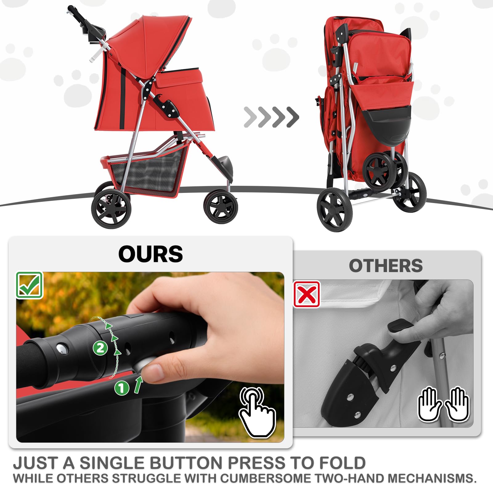 3 Wheels Pet Stroller, Foldable Puppy Cage Jogger Stroller with Weather Cover for All-Season, Storage Basket and Cup Holder, Breathable and Visible Mesh for Small/Medium Pets, Red