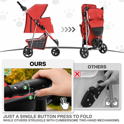 3 Wheels Pet Stroller, Foldable Puppy Cage Jogger Stroller with Weather Cover for All-Season, Storage Basket and Cup Holder, Breathable and Visible Mesh for Small/Medium Pets, Red