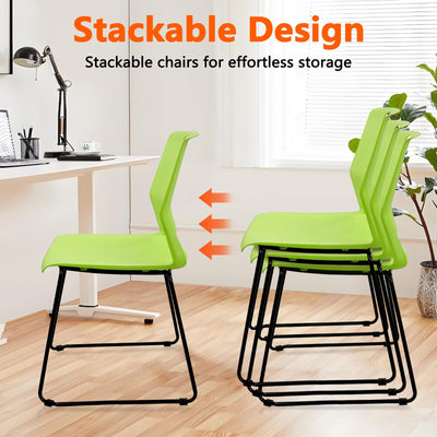 Set of 4, Green, Stackable Guest Reception Chairs, Stacking Office Chair with Ergonomic Lumbar Support & Metal Legs, Plastic Desk Chairs for Conference School Church Waiting Meeting Break Room