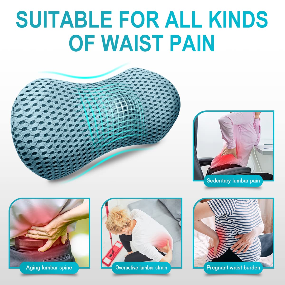 Lumbar Support Pillow for Office Chair, Memory Foam Lumbar Pillow for Lower Back Pain Relief (Blue)