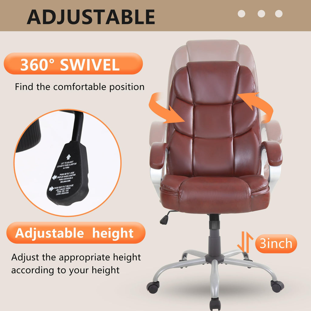 Office Chair Computer High Back Adjustable Ergonomic Desk Chair Executive PU Leather Swivel Task Chair with Armrests Lumbar Support (Dark Brown)