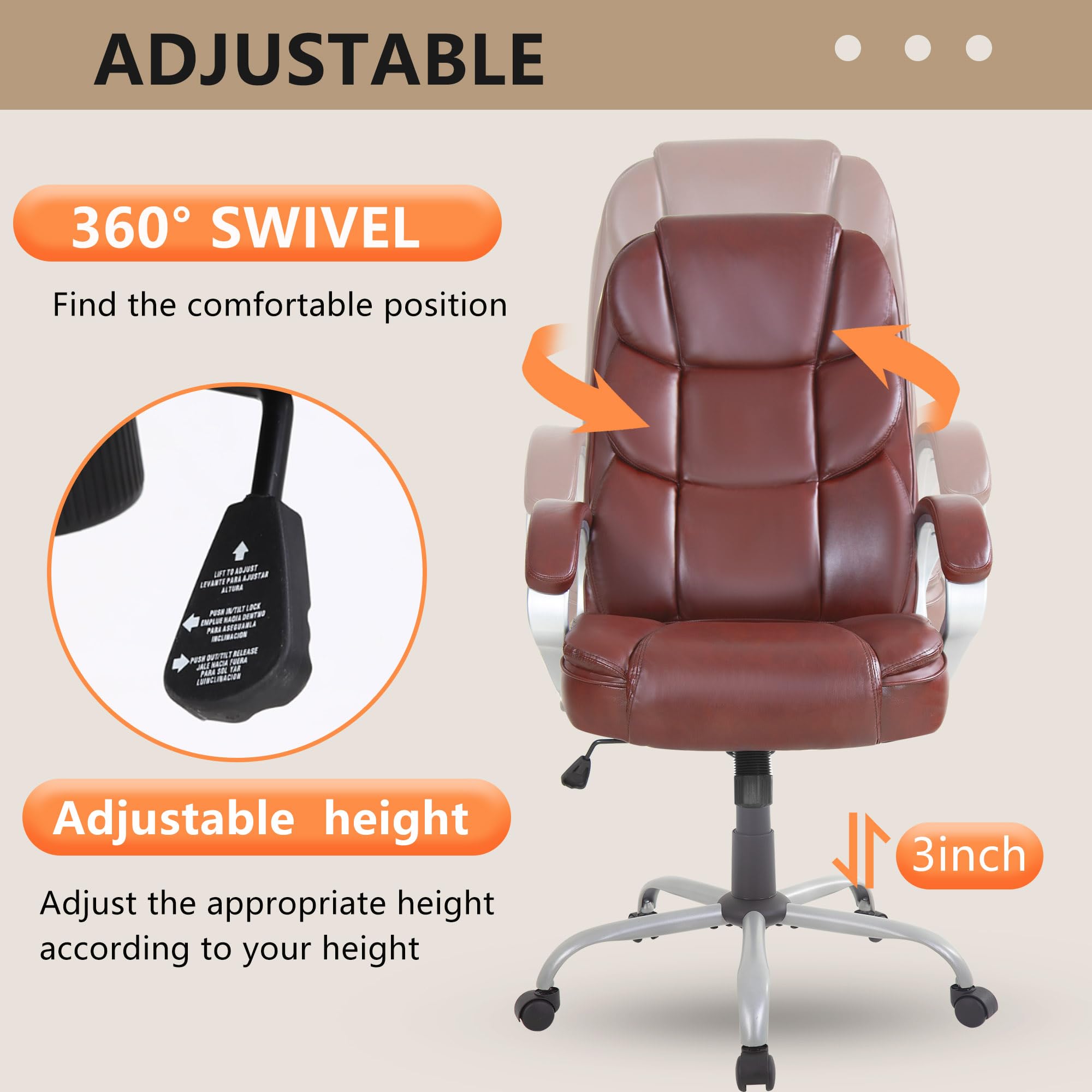 Office Chair Computer High Back Adjustable Ergonomic Desk Chair Executive PU Leather Swivel Task Chair with Armrests Lumbar Support (Dark Brown)