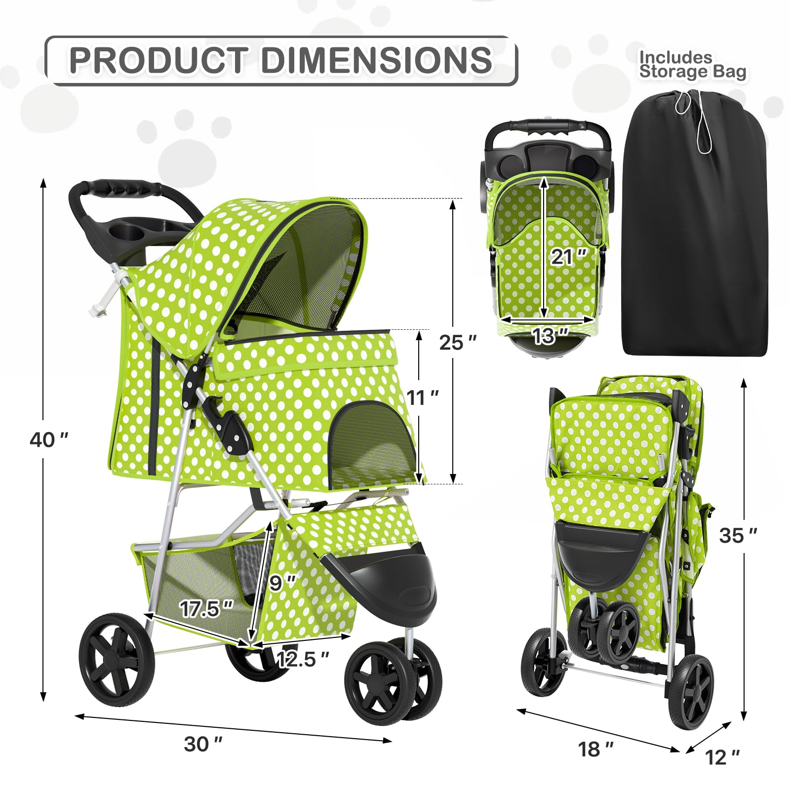 3 Wheels Pet Dog Cat Stroller for Small Medium Dogs Cats, Foldable Jogger Stroller w/Storage Basket and Cup Holder, Lawn Green Polka Dots
