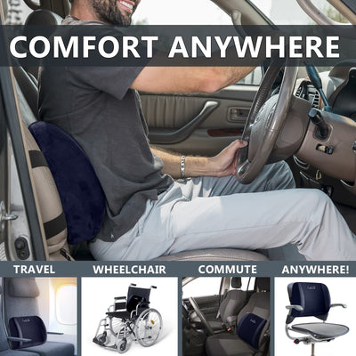 Lumbar Support Back Pillow Office Chair and Car Seat Cushion - Memory Foam with Adjustable Strap and Breathable 3D Mesh (Navy)