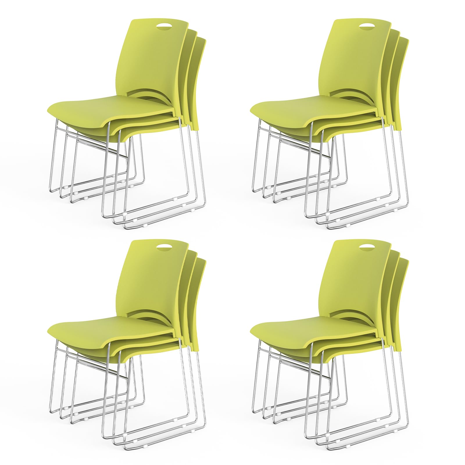 Stacking Chairs Set of 12 Stackable Office Chairs with Metal Sled Base, Ergonomic Plastic Seat, Stacking Chairs for Waiting Room Break Room Banquet Guest, Green