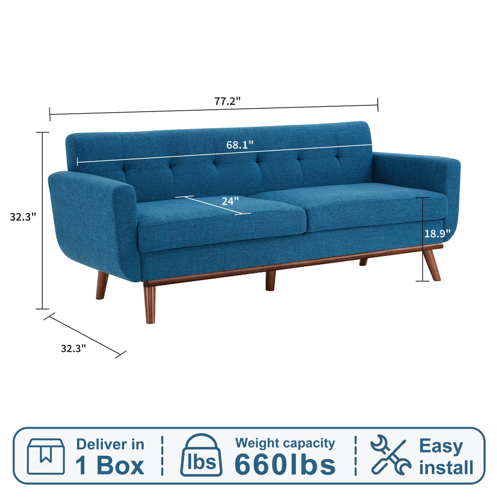 77.2" W Loveseat Sofa, Mid Century Modern Decor Love Seat Couches for Living Room, Button Tufted Upholstered Furniture, Solid & Easy to Install Small Couch for Bedroom Office Apartment, Blue