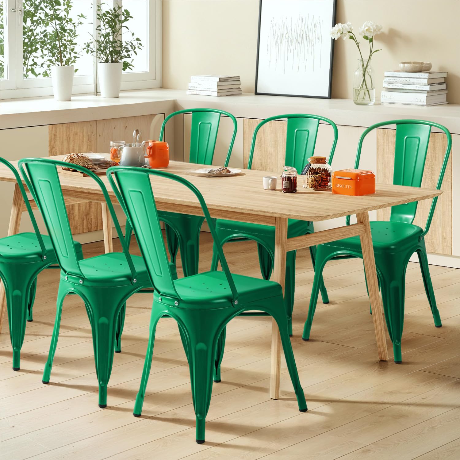Metal Dining Chair Indoor Outdoor Use Stackable Classic Trattoria Chair Chic Dining Bistro Cafe Side Metal Chairs Set of 4 (Green)