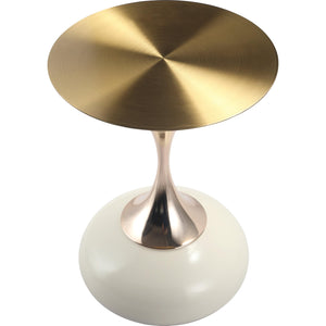 Modern Round Side Table with Gold Stainless Steel Top, Gold Pedestal Stem & Glossy Base, Accent End Table for Living Room, Bedroom, or Small Spaces, 17.7