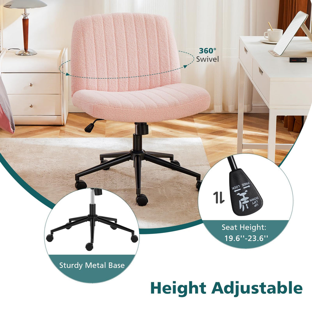 Criss Cross Chair with Wheels Wide Cross Legged Office Desk Vanity Chair Comfy Fabric Armless Adjustable Swivel for Home Computer Task Teddy Pink