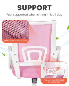 Office Desk Computer Chair Ergonomic Mesh Gaming Cushion Seat with Comfy Lumbar Mid Back Support Adjustable Height Swivel Rolling Wheels for Home Task (Pink)
