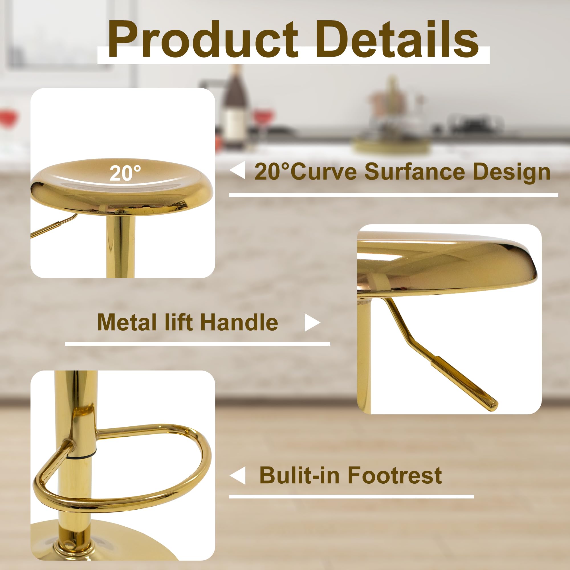 Bar Stools - 2 Pack, Adjustable Swivel Height Counter Bar Stool, Modern Metal Barstools, Backless Barstool for Bar, Kitchen Island, Pub, Gold