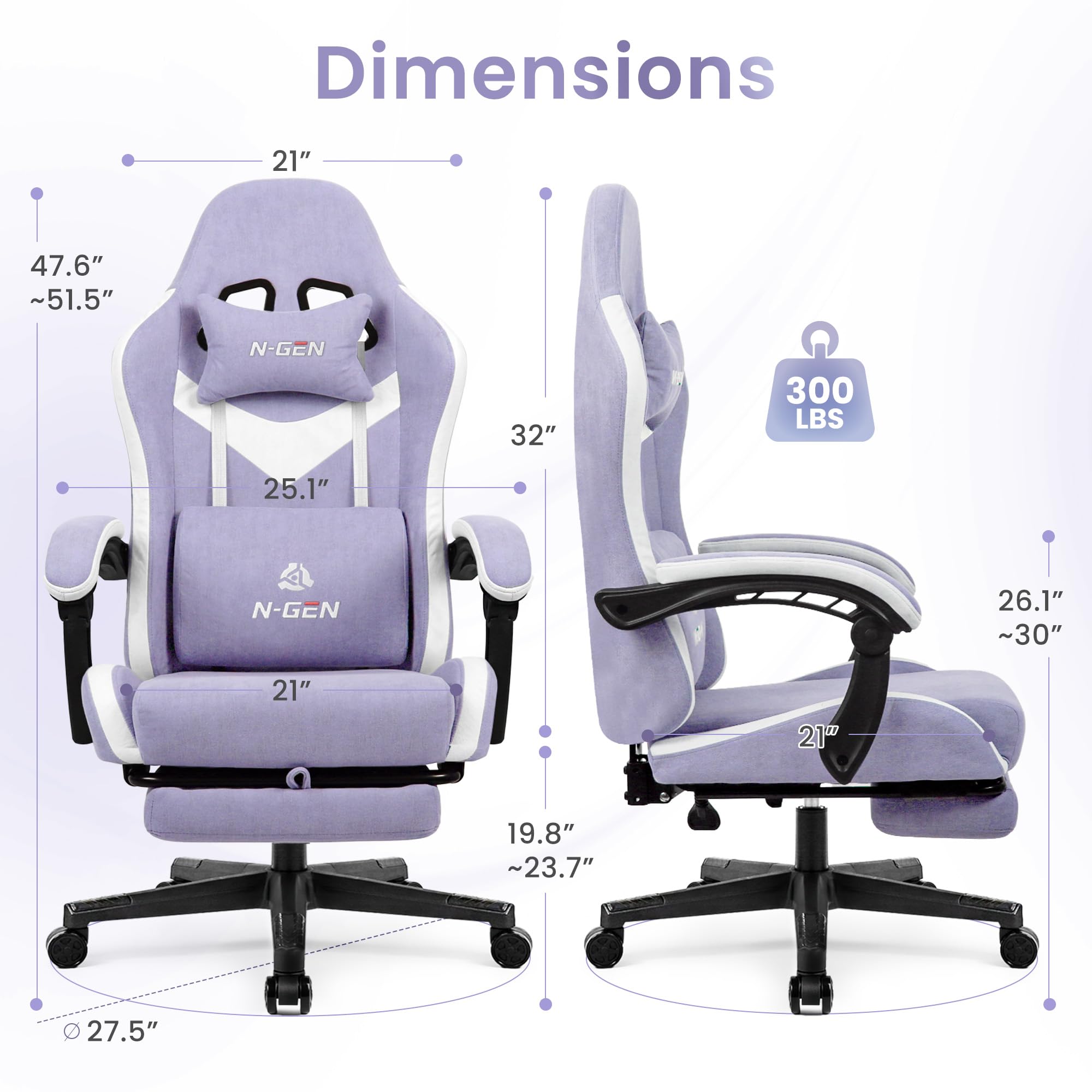 Video Gaming Chair with Footrest Lumbar Support for Home Office High Back Recliner Height Adjustable Ergonomic Comfy Fabric Computer Desk Chair (Purple)
