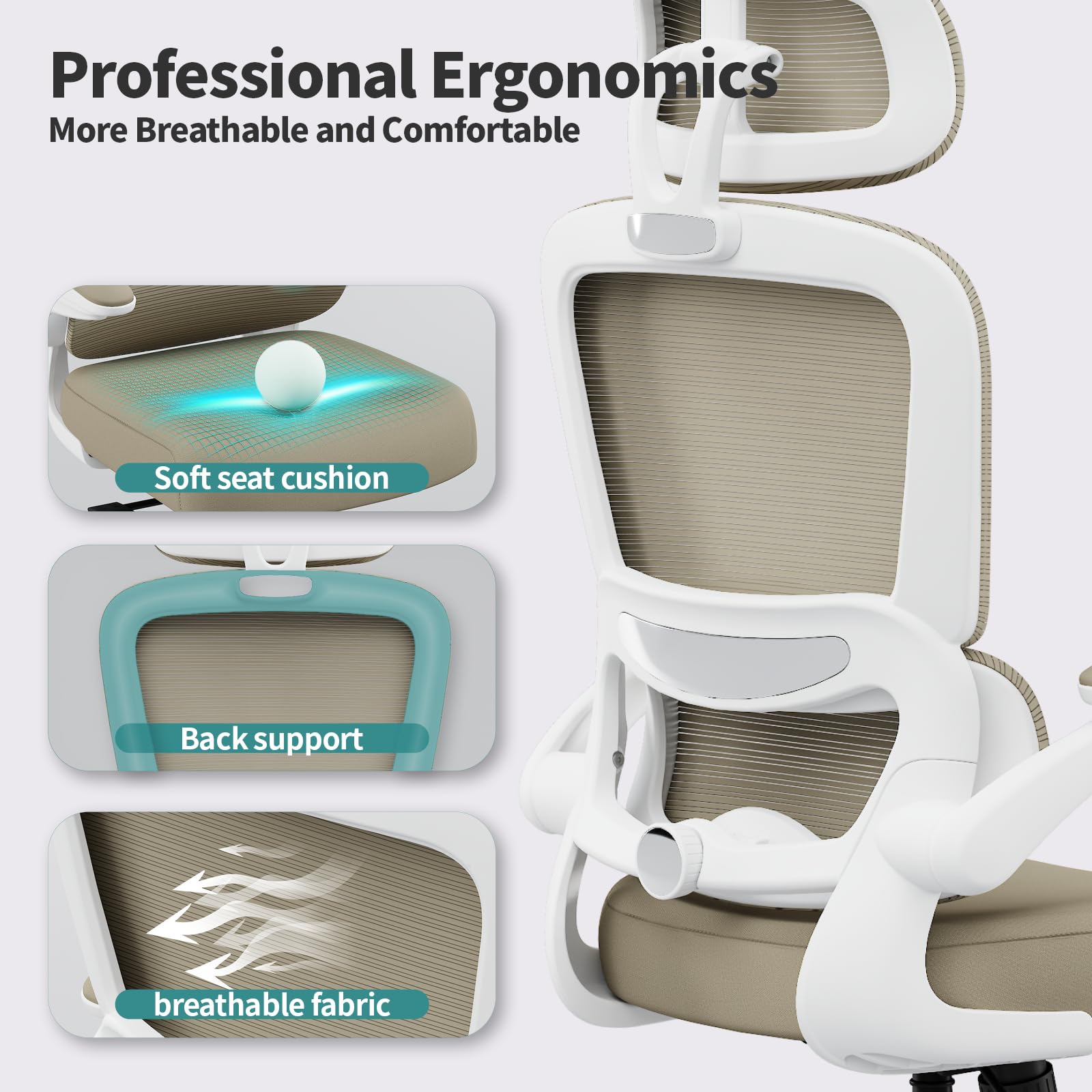 Office Chair Ergonomic Desk Chair, 330 LBS Home Mesh Office Desk Chairs with Wheels, Comfortable Gaming Chairs (Khaki)