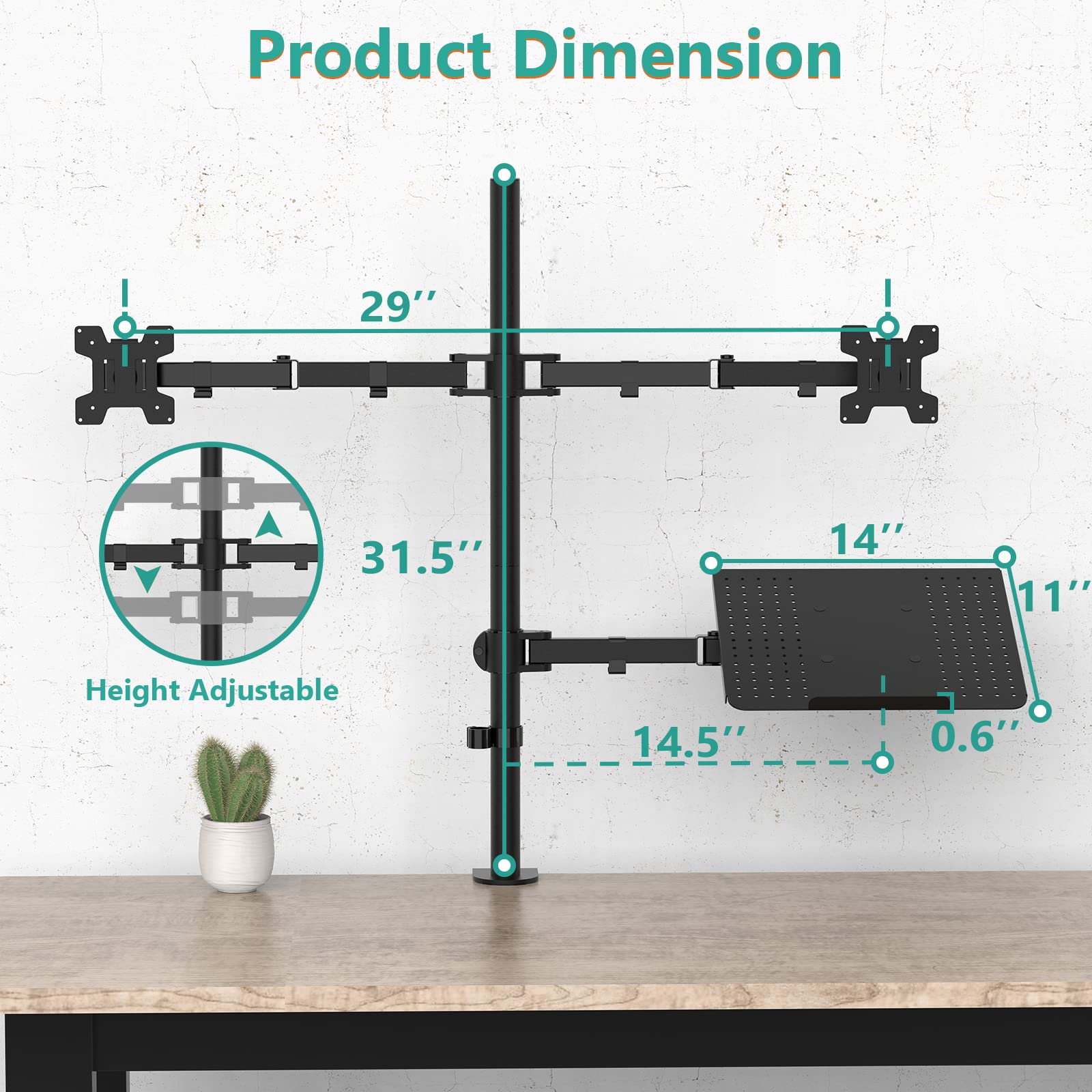 Triple Arm Laptop and Dual Monitor Desk Mount for 17" Notebook and Up to 27" Screens, Extra Tall Adjustable Monitor Stand with Laptop Tray, VESA 75x75 100x100, Black (M002XLLP)