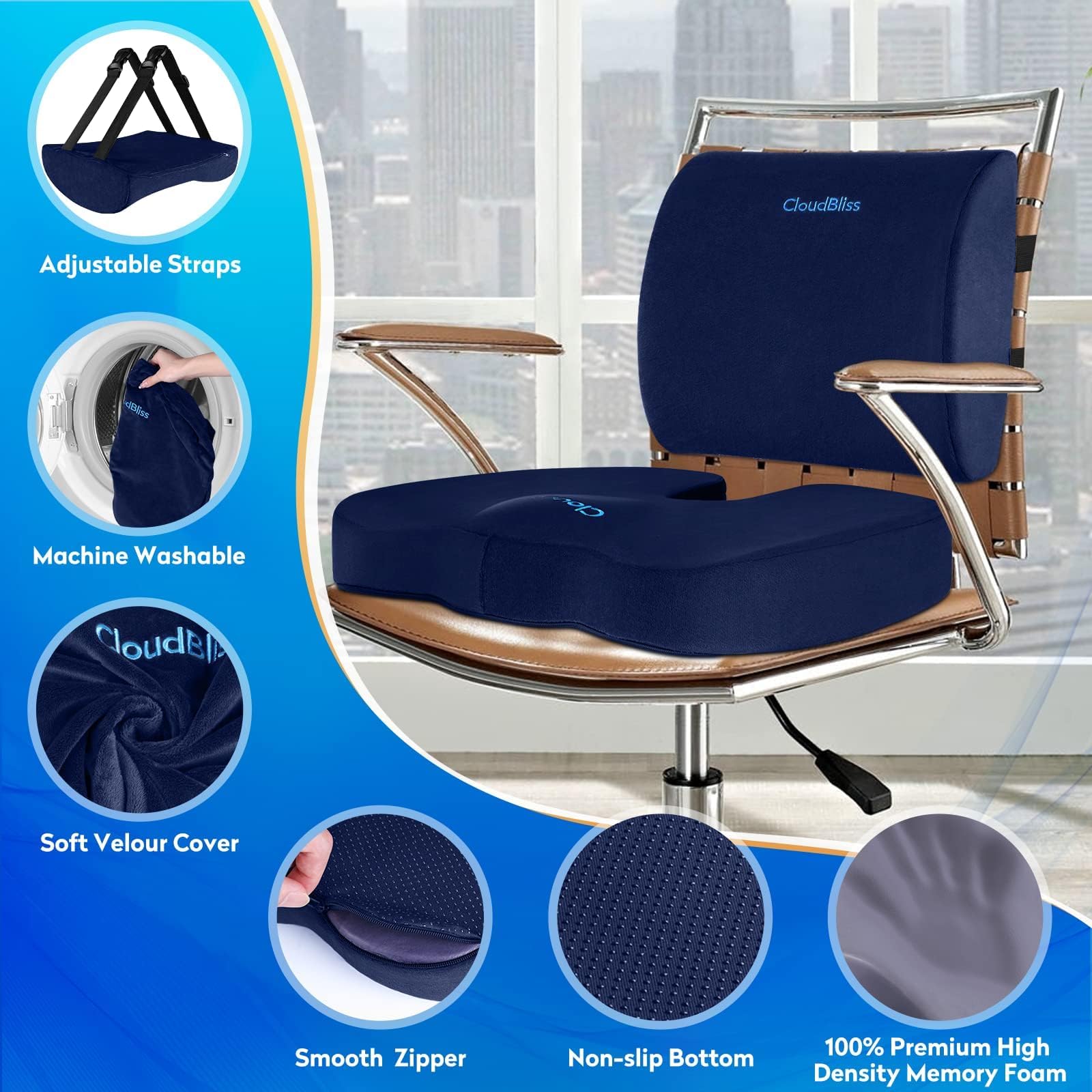 Lumbar Support Pillow & Seat Cushion Set for Office Chair, Desk Chair, Wheelchair & Car–Memory Foam Back Support,Ergonomic Chair Cushions, Sciatica Pain Relief,Home Essentials(Blue,XL)