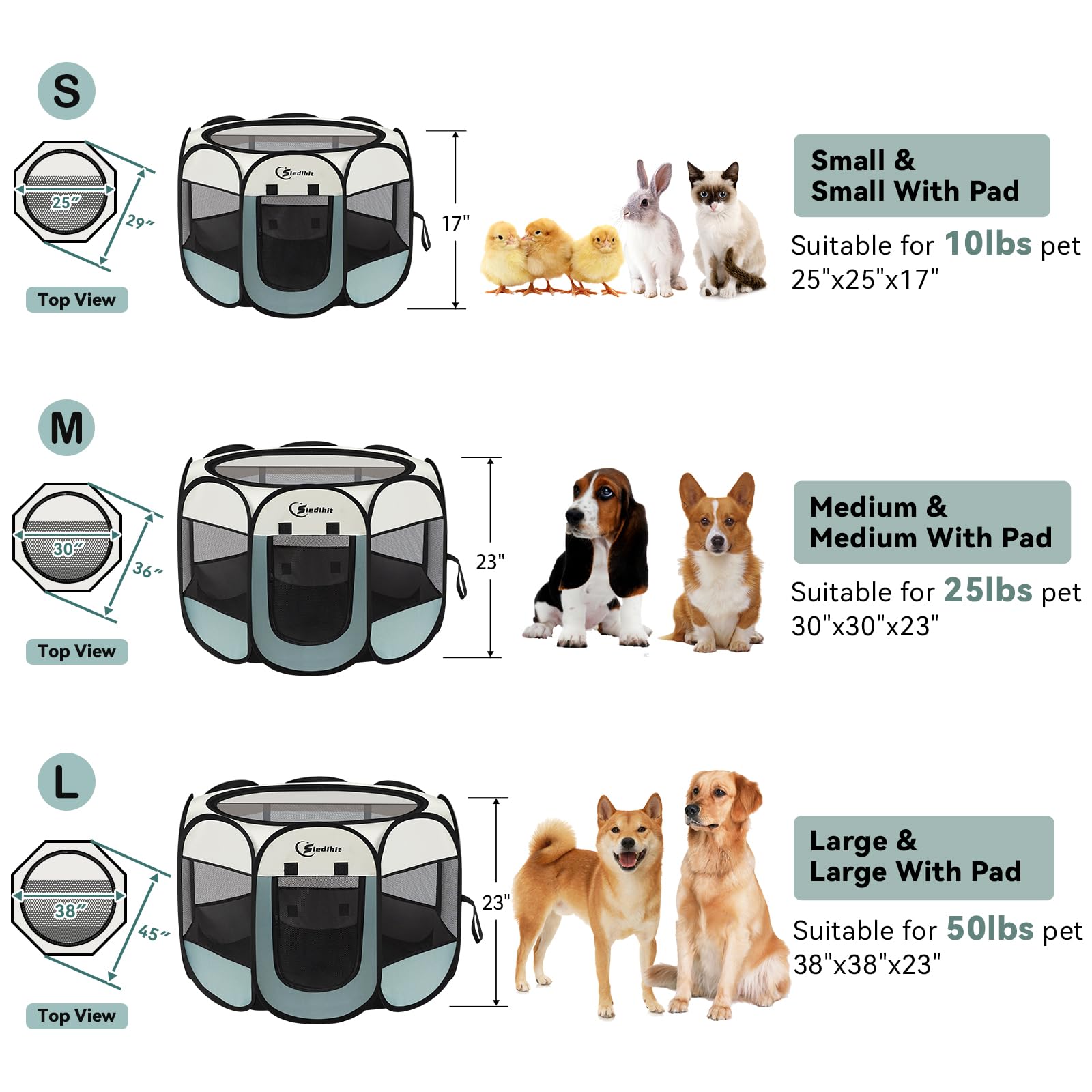 Dog Playpen, Puppy Pet Playpen, Medium Dogs Tent Crates Cage Indoor/Outdoor, Portable Pop Up Dog Kennel Playpen with Carrying Case for Dogs/Cats/Rabbits, Removable Zipper Top, Grey