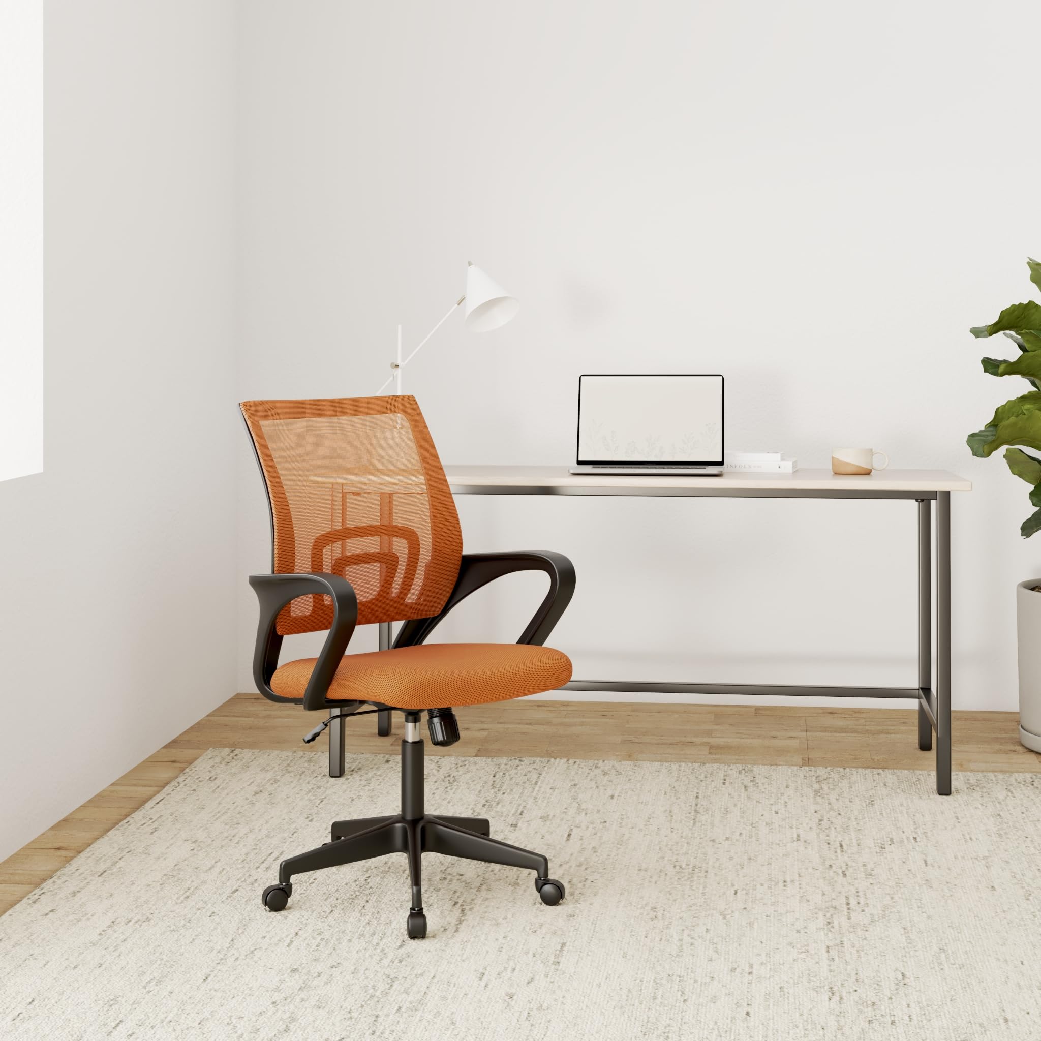 Ergonomic Office Chair | Mid-Back Swivel Desk Chair | Breathable Backrest & Lumbar Support | Adjustable Height | Sponge Seat | Rolling Wheels | Orange | for Adults & Women