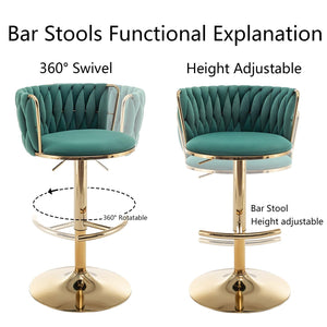 Gold Velvet Bar Stools Set of 2, Swivel Counter Height Bar Stools with Back, Adjustable Woven Barstools for Kitchen Island, Pub, Club (Green)